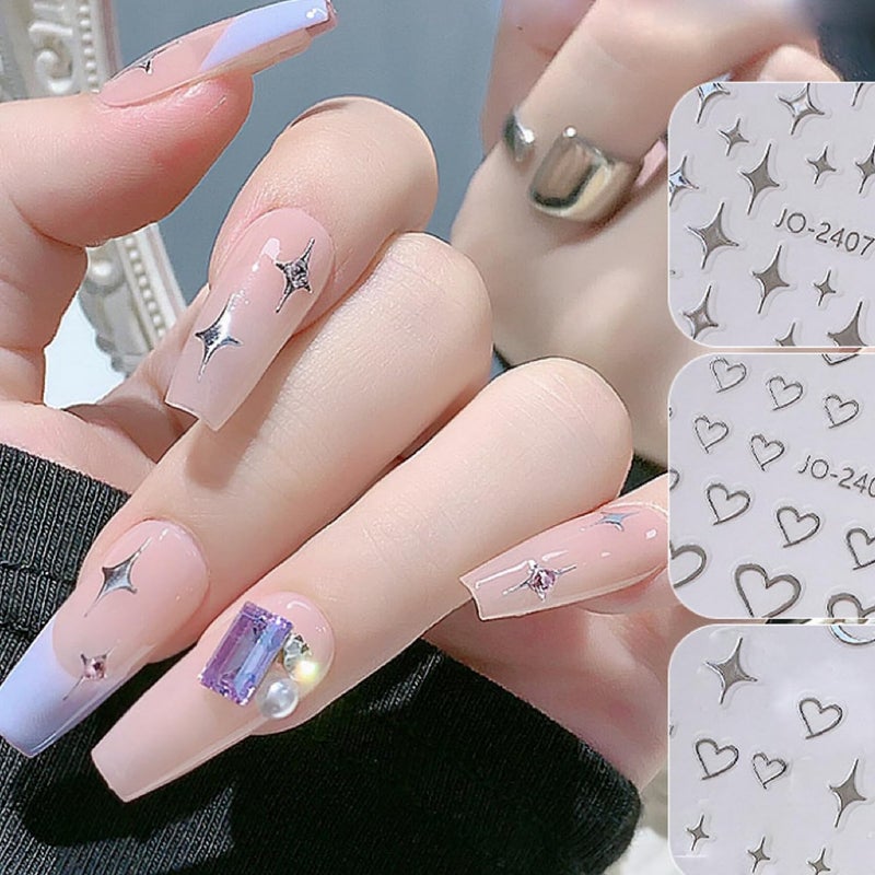 BSBTBZ 6Sheets Heart Star Nail Art Stickers 3D French Silver Glitter Nail Decals Designer Nail Supplies Metallic Silver Star Love Hearts Nail Designs Sticker for Women DIY Nail Decorations Accessories Crafts - Image 3